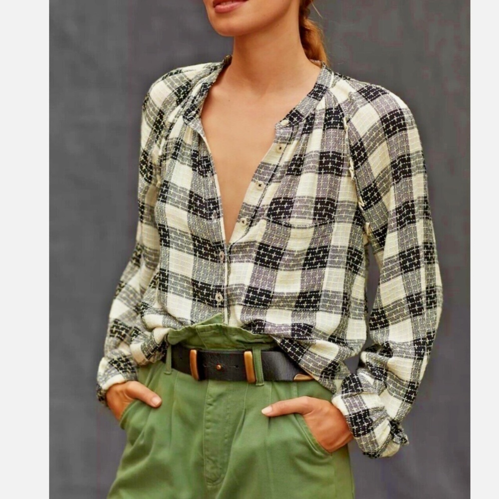 Anthropologie Pilcro Breezy Buttondown Plaid Blouse Cream/Black/Yellow Sz XS